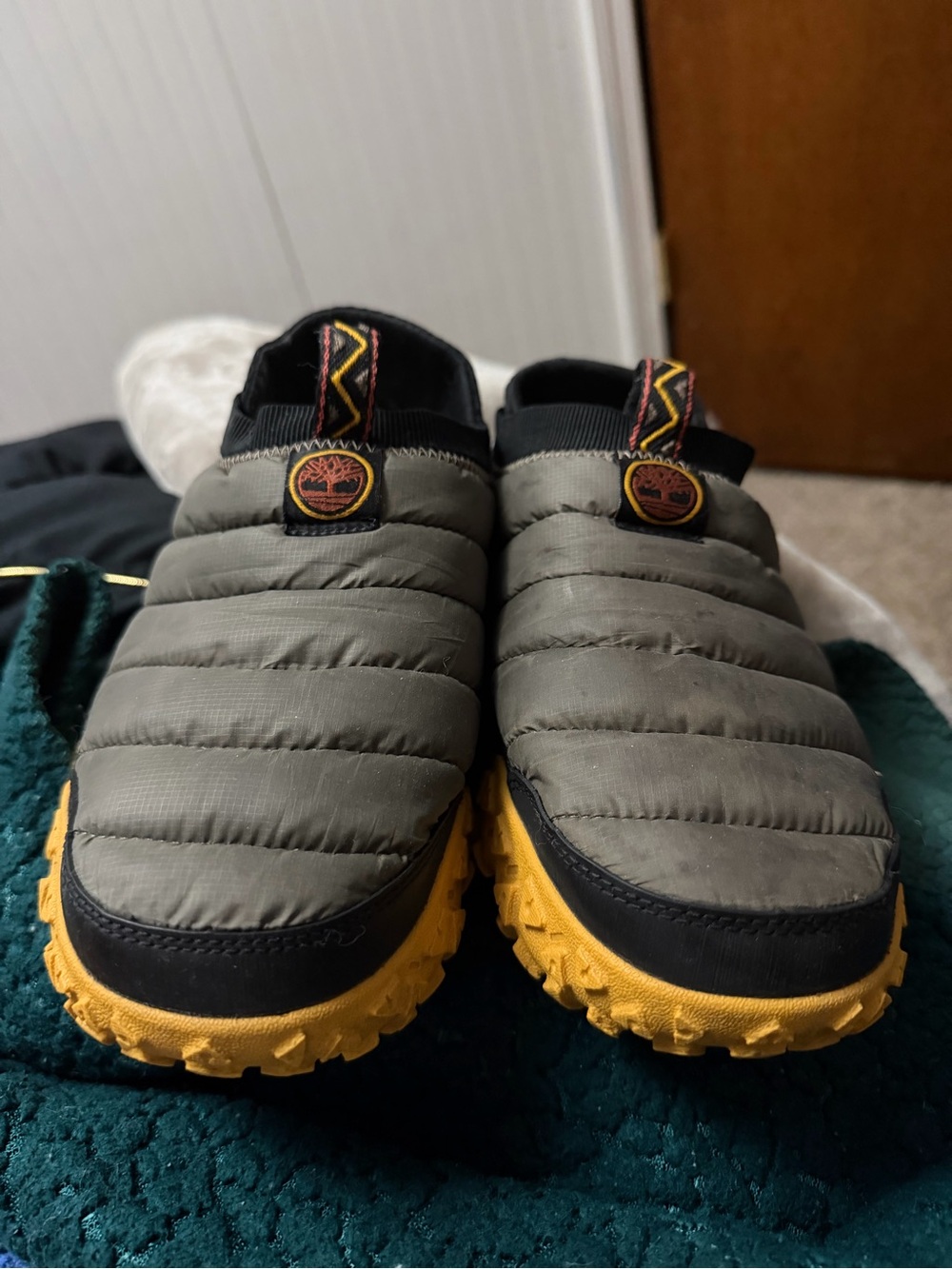 Timberland Olive Green Quilted Slip-On Mocs with Yellow Soles